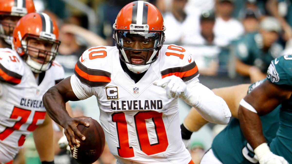 The one-win Browns, who own two first-round picks in this year’s draft, are in the market for a quarterback better than Robert Griffin III, who is due $7.5 million next season. Reports say Cleveland is among a handful of teams interested in trading for New England backup Jimmy Garoppolo. They will also have two free agent options – Taylor and Colin Kaepernick – if the Bills and 49ers release those dual-threat quarterbacks.