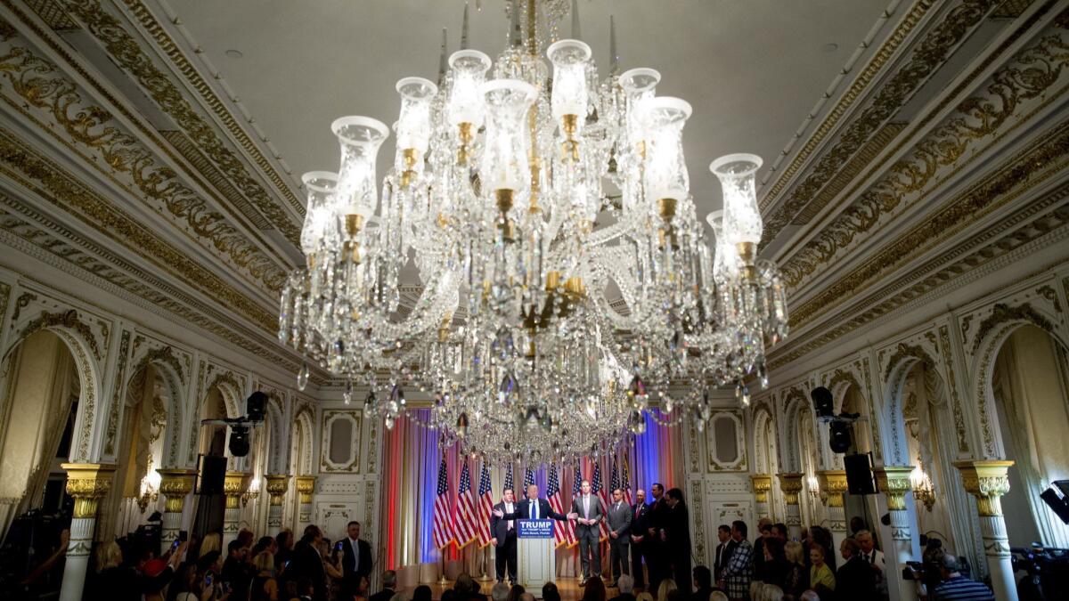 Then-presidential candidate Donald Trump speaks in the White and Gold Ballroom at The Mar-A-Lago Club in Palm Beach, Fla. on Mar. 1, 2016.