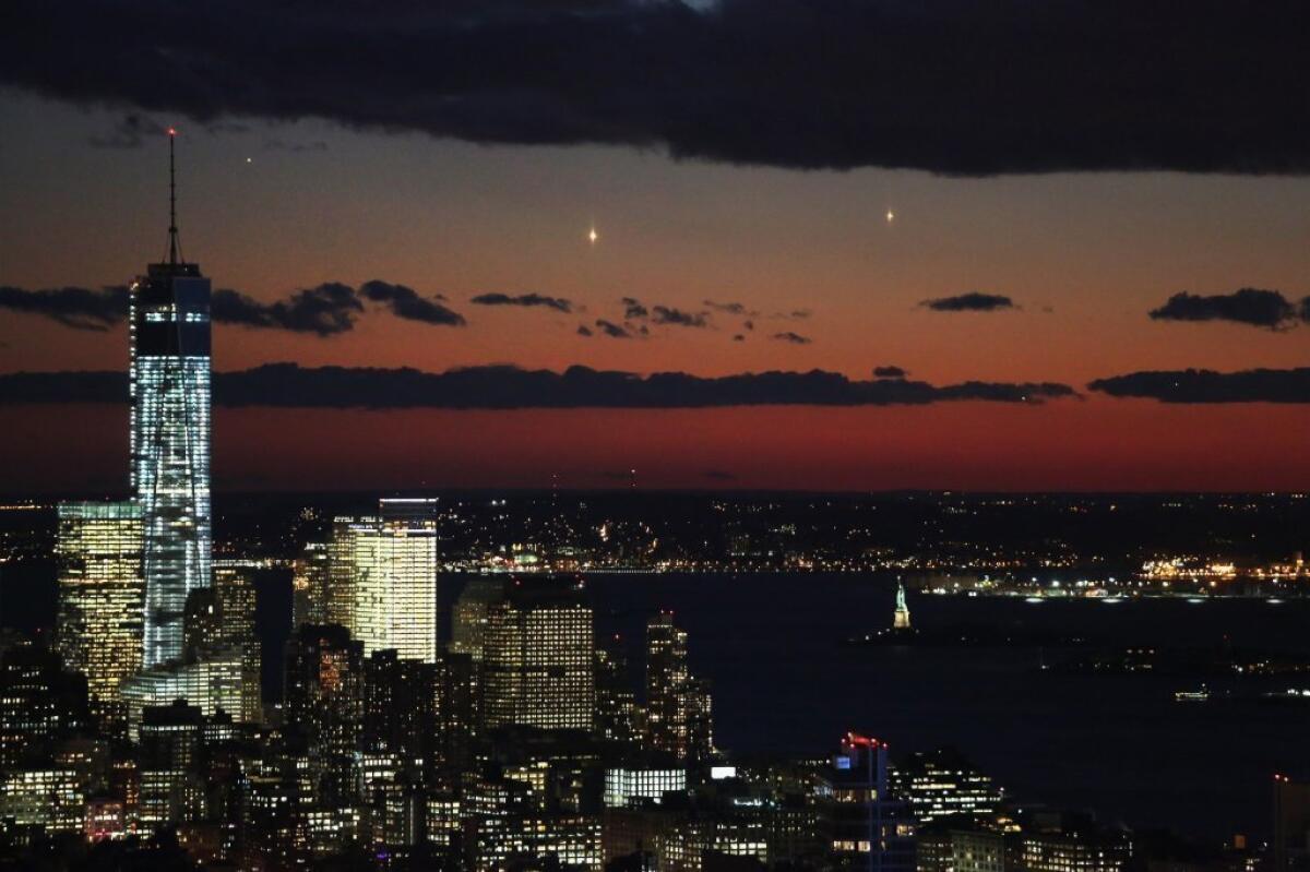 An evening view of One World Trade Center in downtown Manhattan.