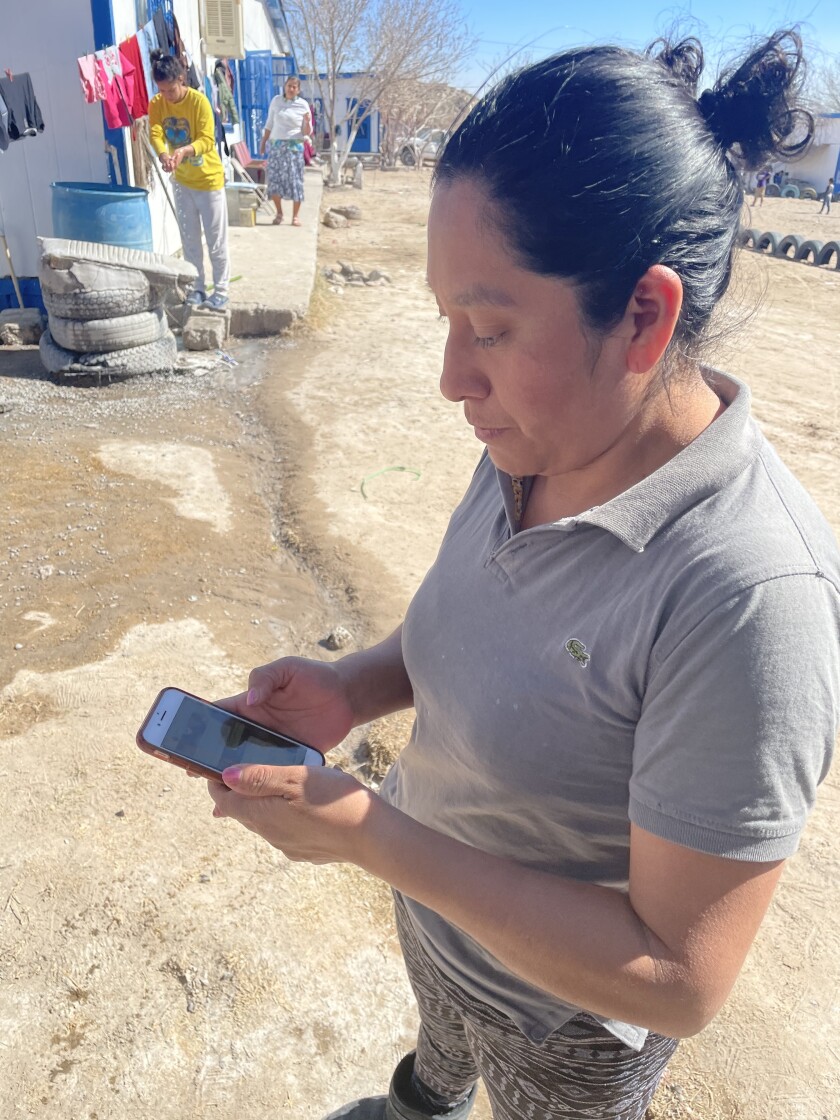 Angelina Baltazar, de 40 años, de Guatemala, usando un teléfono inteligente, tratando de inscribirse en un nuevo programa estadounidense para solicitantes de asilo varados en ciudades fronterizas mexicanas.(Gabriela Minjares \ Para el Times
)