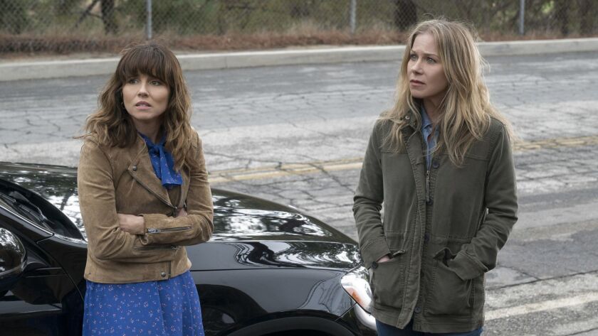 Linda Cardellini, left, and Christina Applegate are thrown together by grief and circumstance in the Netflix series "Dead to Me."