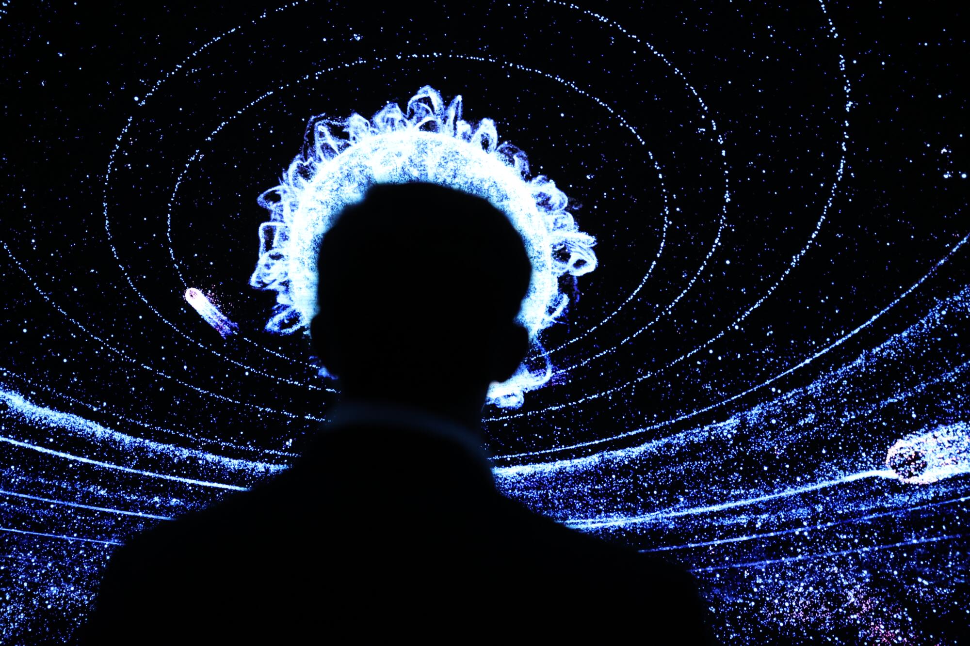 A audience member watches the "Seek" immersive show experience at Cosm.