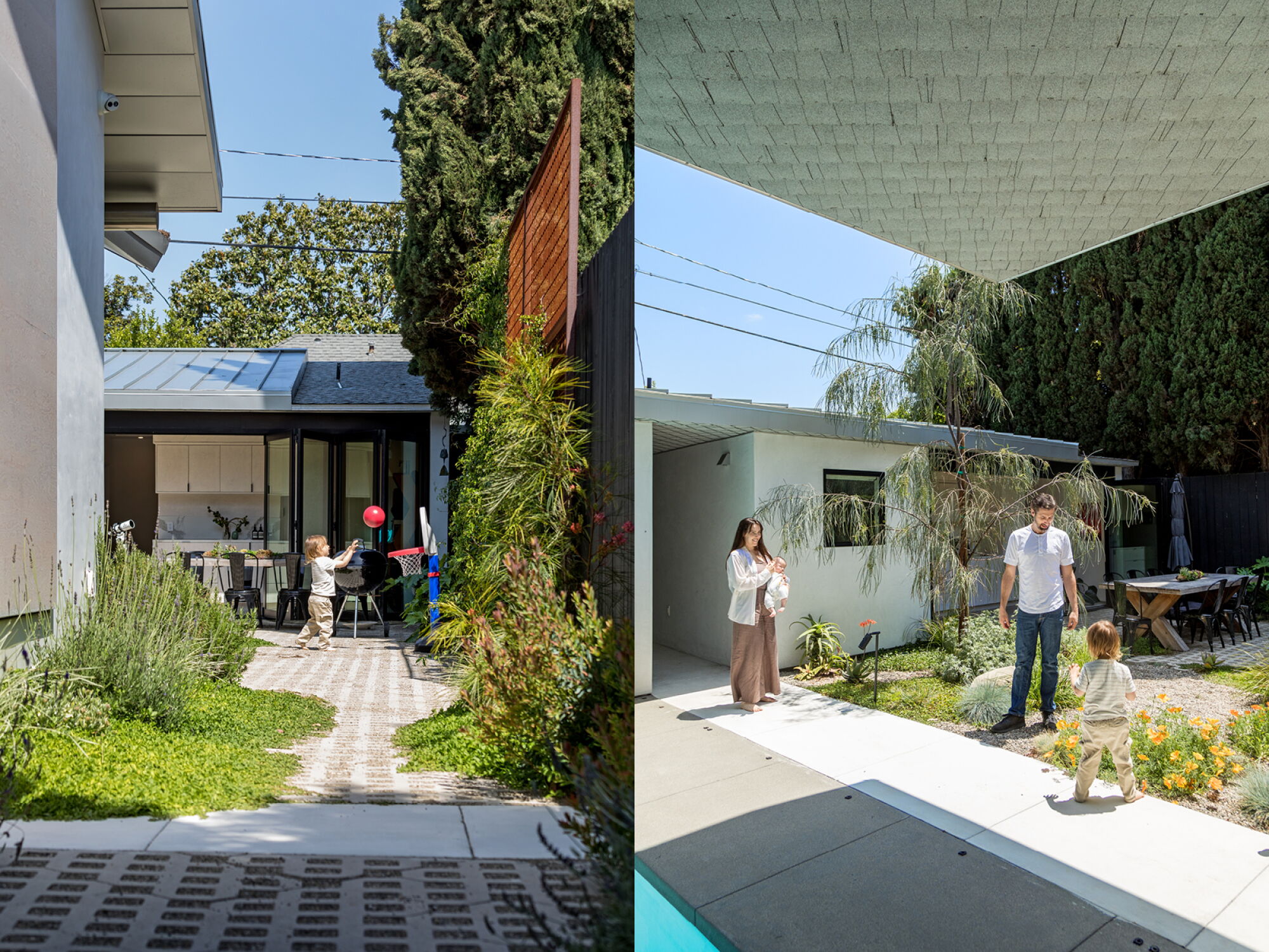Paired photos of a yard between structures.