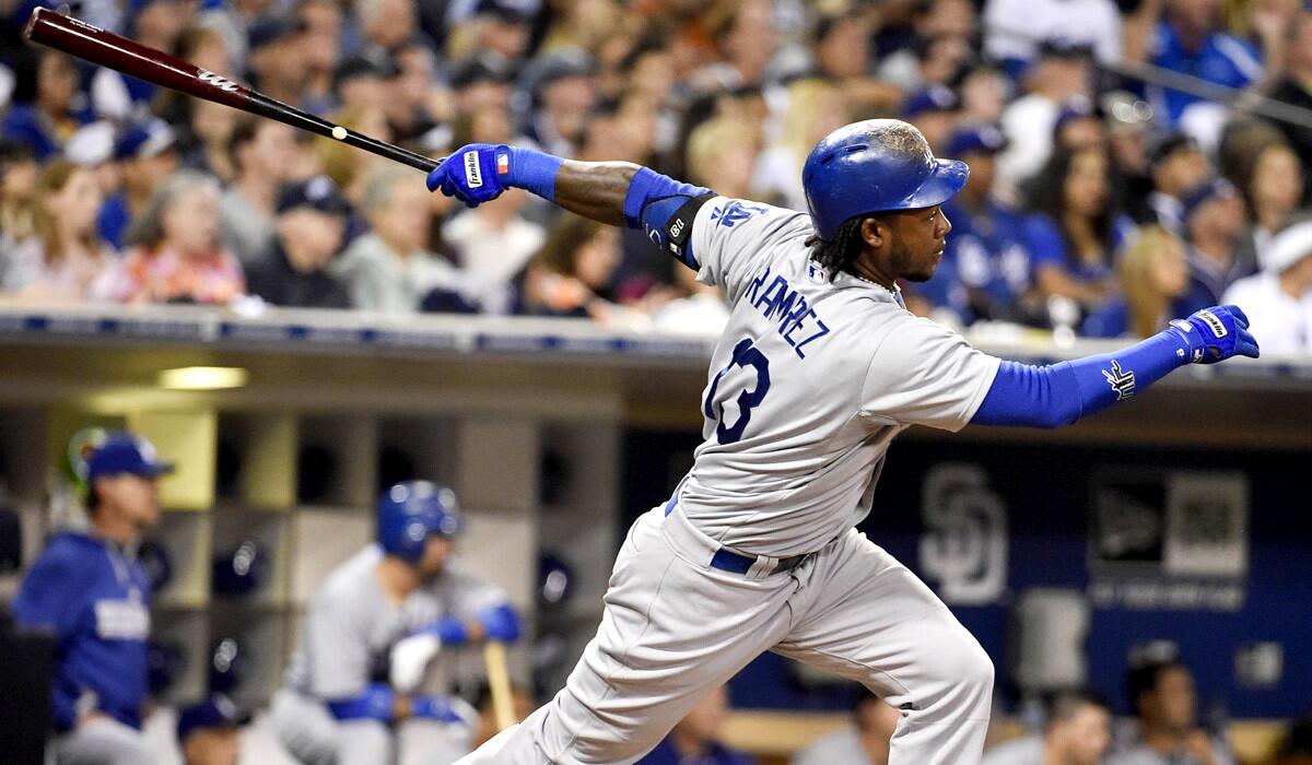 Dodgers shortstop Hanley Ramirez follows through on his swing after connecting for a run-scoring single against the Padres in the fifth inning Saturday night at Petco Park in San Diego.