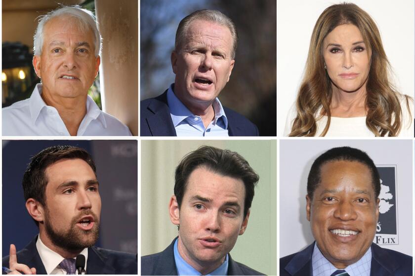 Candidates running to replace Gov. Gavin Newsom in the recall election include, clockwise from top left: businessman John Cox, former San Diego Mayor Kevin Faulconer, Caitlyn Jenner, Democrat Kevin Paffrath, Assemblyman Kevin Kiley, and Larry Elder, nationally syndicated conservative radio host.