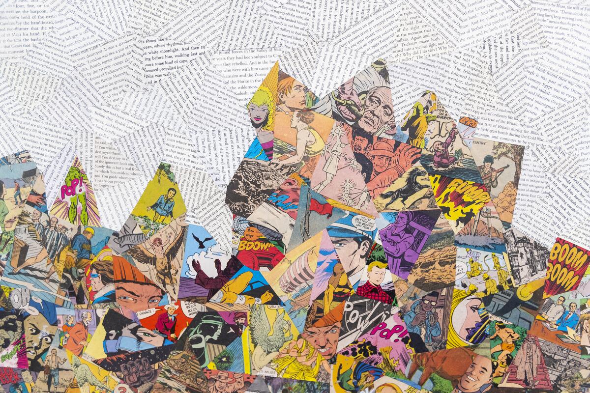 The "Wing" collage, part of artist Richard Kraft's exhibit called "Flag Sail Wing," incorporates comic book images and text from literature.