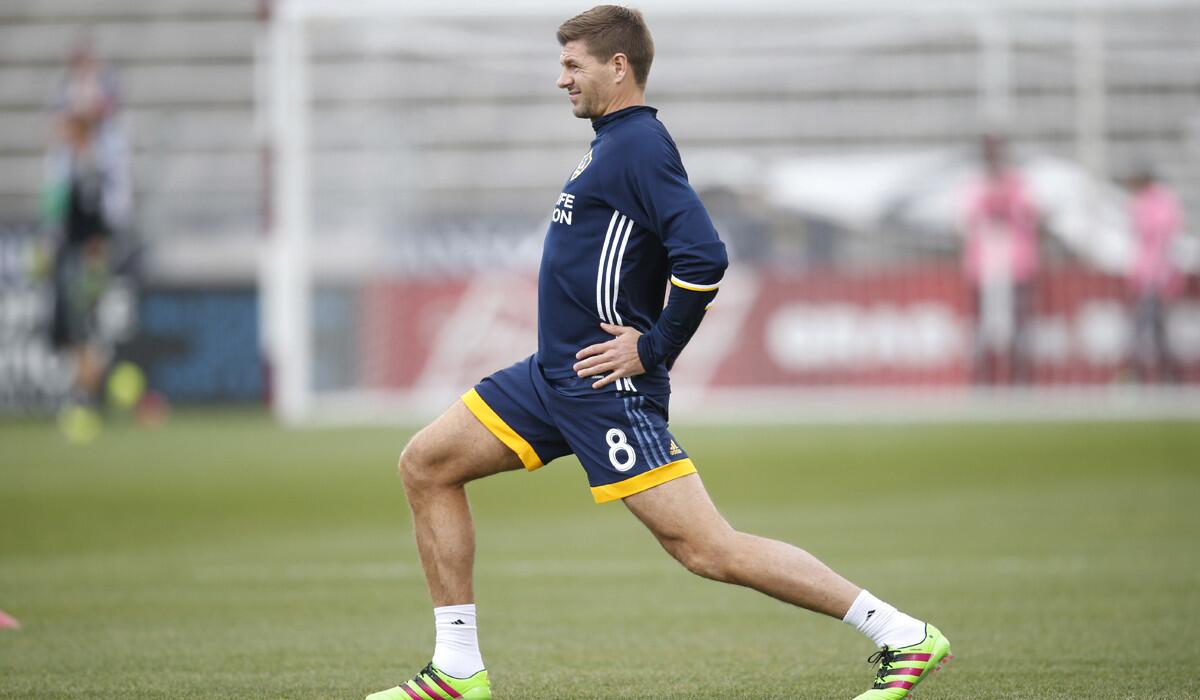 Los Angeles Galaxy midfielder Steven Gerrard warms up before a match on March 12.