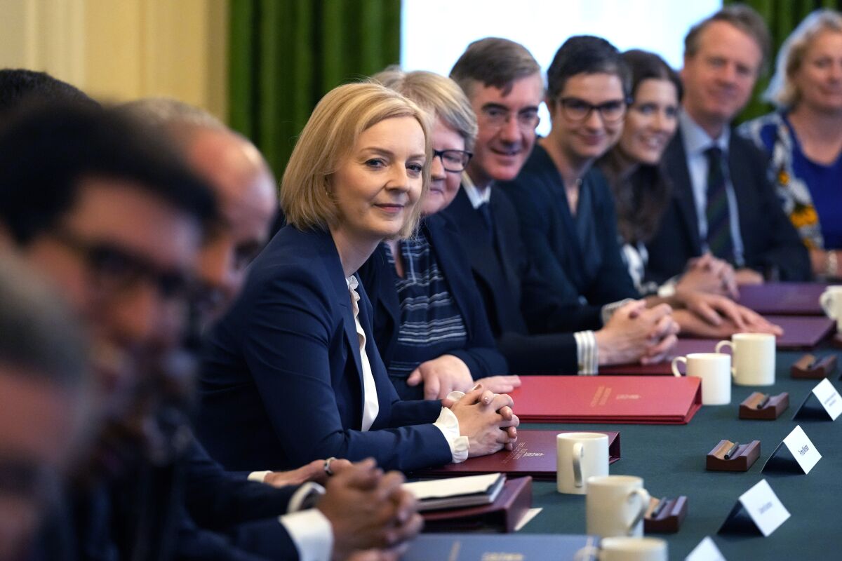 British Prime Minister Liz Truss at her first cabinet meeting inside 10 Downing Street in London.