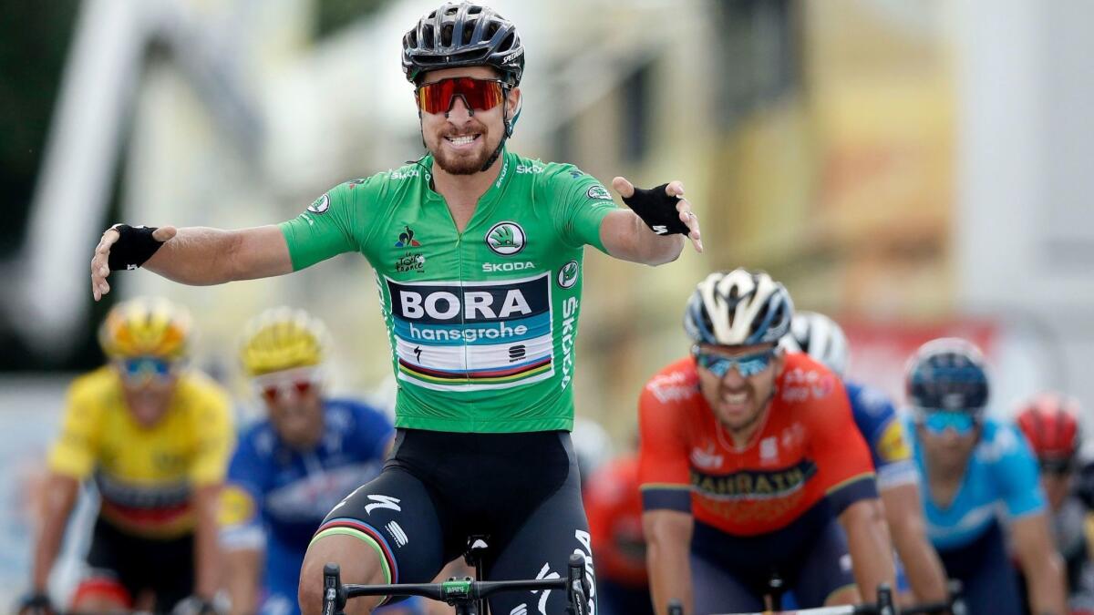 Peter Sagan celebrates as he crosses the finish line to win the fifth stage at Tour de France.
