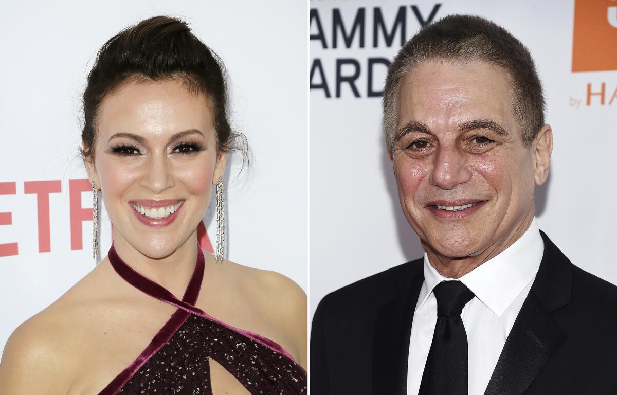 In this combination photo, Alyssa Milano, left, arrives at the premiere of "Insatiable" on Aug. 9, 2018, in Los Angeles and Tony Danza arrives at the Pre-Grammy Gala and Salute To Industry Icons on Jan. 27, 2018, in New York. A sequel to “Who’s the Boss?” is in the works at Sony Pictures Television, with Danza and Milano set to reprise their father-daughter roles from the 1980s-'90s sitcom. (AP Photo)