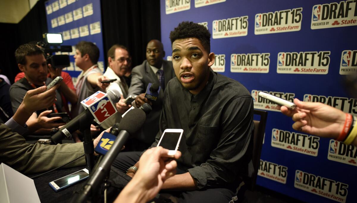 Karl-Anthony Towns speaks to reporters after being selected No. 1 overall in the 2015 NBA draft.