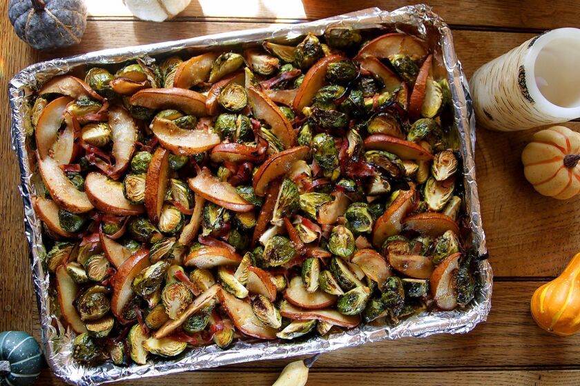 WEST HOLLYWOOD, CA., OCTOBER 30, 2018 ---Thanksgiving cooking story: Everything will be cooked on a sheet pan. There will be four recipes: Pictured are the vegetables (Brussel sprouts with pear). (Kirk McKoy / Los Angeles Times)