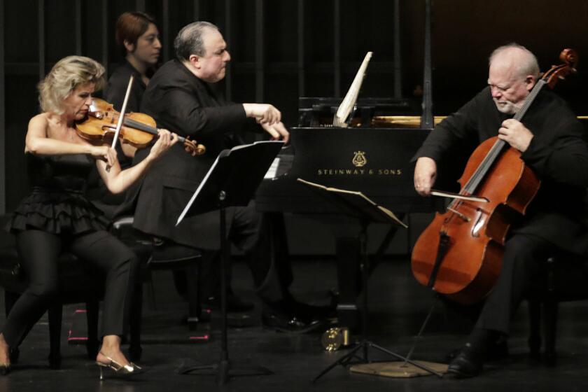 Violinist Anne-Sophie Mutter with pianist Yefim Bronfman and cellist Lynn Harrell at the Valley Performing Arts Center in Northridge on April 16, 2015.