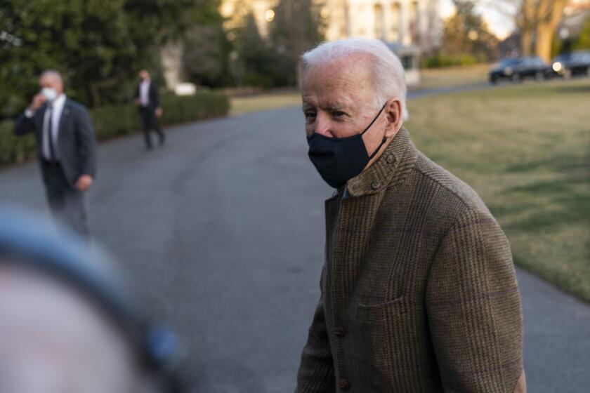 President Joe Biden speaks to the gathered media members upon arrival at the White House in Washington from a weekend trip to Wilmington, Del., Sunday, March 14, 2021. (AP Photo/Manuel Balce Ceneta)