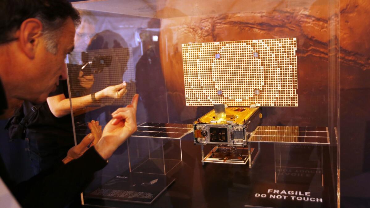 A Mars Cube One replica was on display Monday at the Jet Propulsion Laboratory.