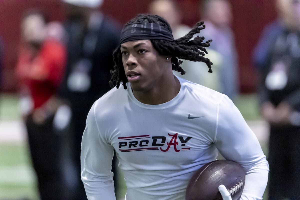 Alabama running back Jahmyr Gibbs takes part in drills during his pro day on March 23.