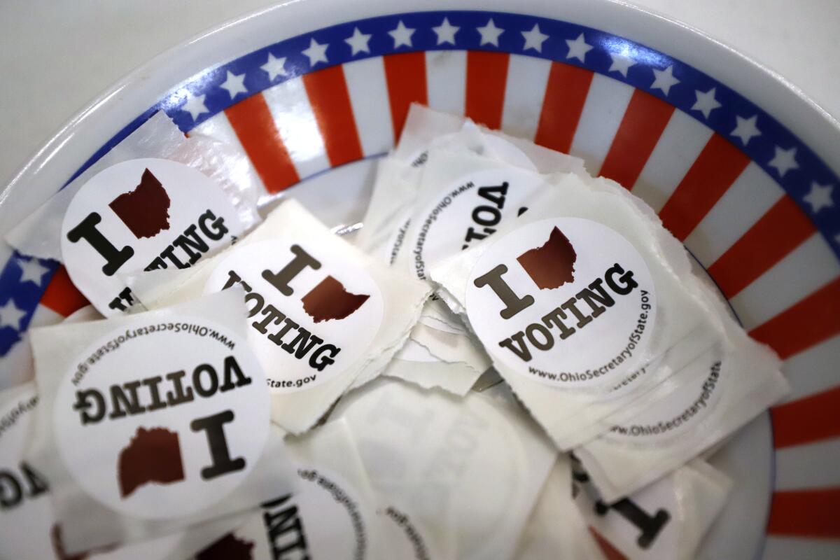 A bowl of voting stickers for early voters in Steubenville, Ohio.