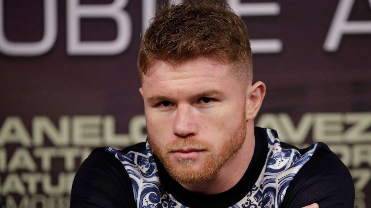 Canelo Alvarez attends a news conference on May 3 in Las Vegas ahead of his fight against Julio Cesar Chavez Jr.
