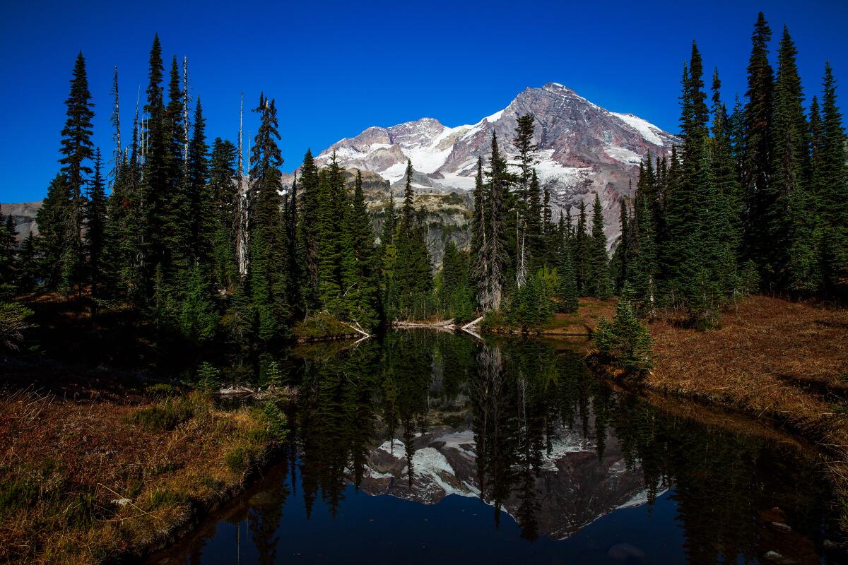 Mount Rainier is reflected in a lake in Mount Rainier National Park, Wash.