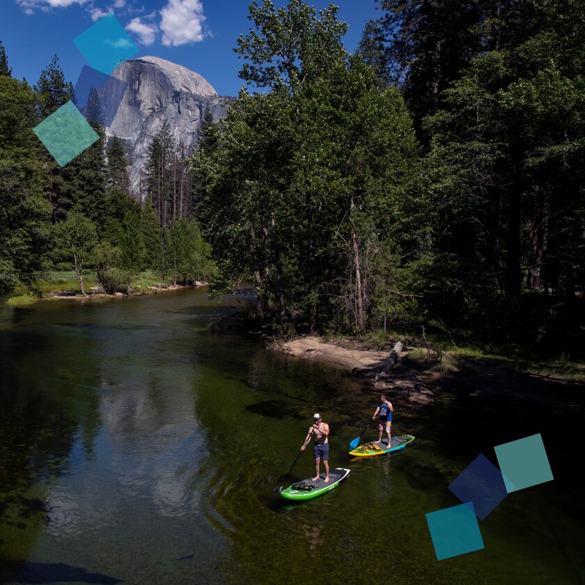 Standup paddleboarders on a river in Yosemite.
