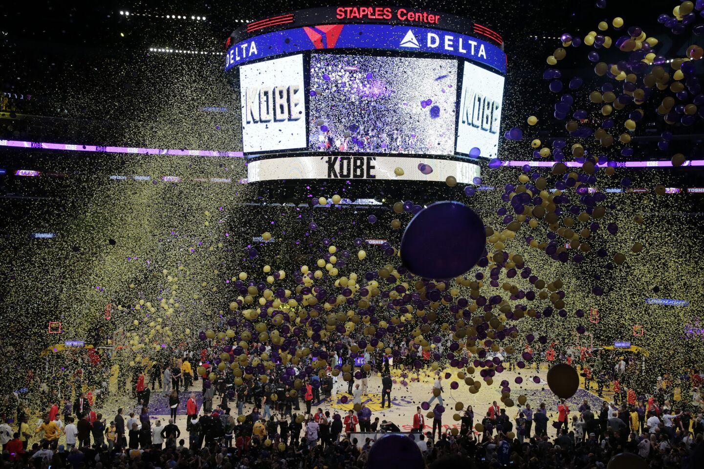 Balloons and confetti fall after Kobe Bryant's last game