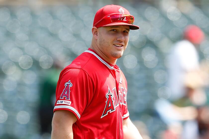 OAKLAND, CALIFORNIA - SEPTEMBER 05: Mike Trout #27 of the Los Angeles Angels looks on before the game against the Oakland Athletics at Ring Central Coliseum on September 05, 2019 in Oakland, California. (Photo by Lachlan Cunningham/Getty Images)