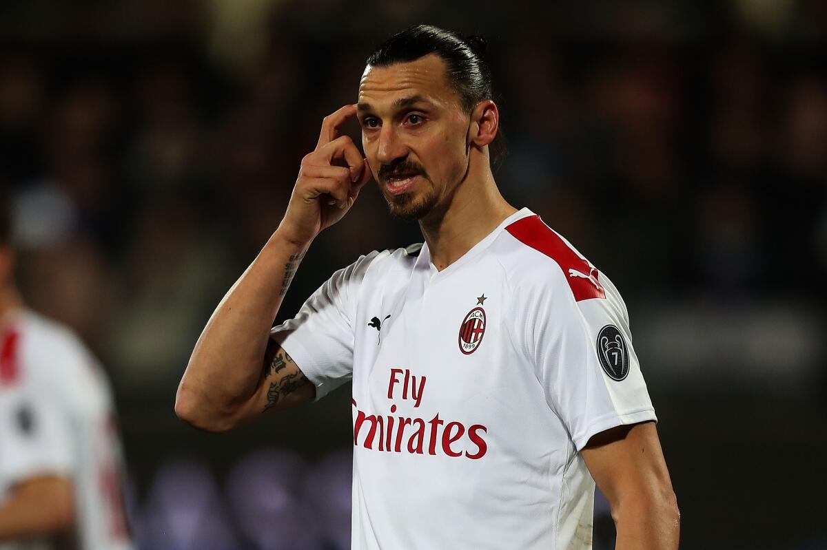 FLORENCE, ITALY - FEBRUARY 22: Zlatan Ibrahimovic of AC Milan reacts during the Serie A match between ACF Fiorentina and AC Milan at Stadio Artemio Franchi on February 22, 2020 in Florence, Italy. (Photo by Gabriele Maltinti/Getty Images)