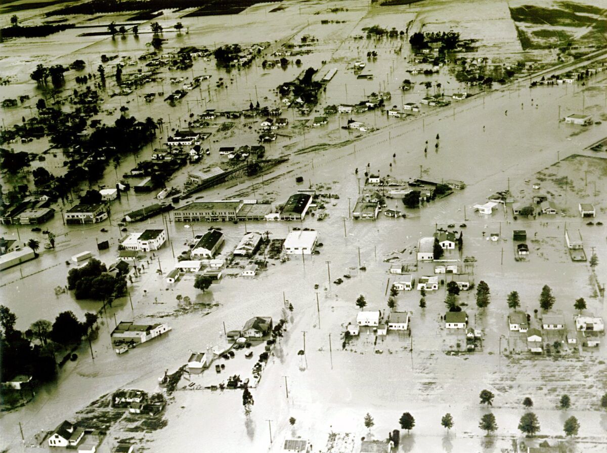 An aerial view of a flooded neighborhood