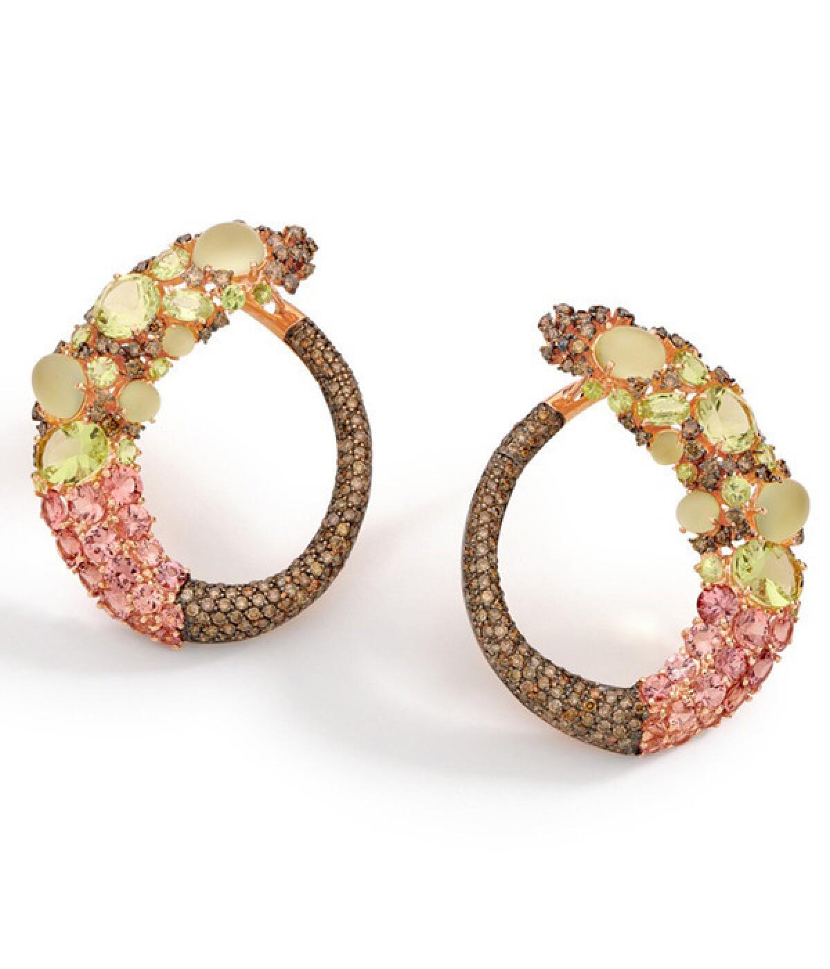 Brumani 18-karat rose gold earrings with brown diamonds, chrysoberyl, lemon quartz, and mandarin garnet, $19,585 at Nasrin Imani, Beverly Hills, (310) 275-7515 or brumani.com
