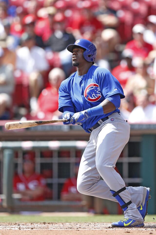 Jorge Soler of the Chicago Cubs doubles off the left field wall in the second inning.