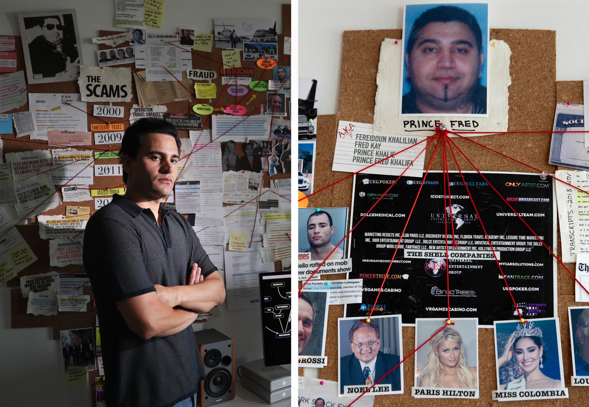 A split of two images: at left a man crosses his arms while standing near a corkboard and a detail of it with clippings