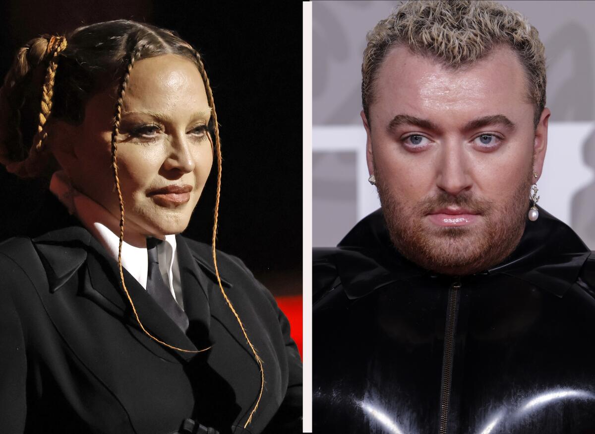 Madonna is dressed in a black suit with her blonde hair in braids and Sam Smith is wearing a black leather outfit