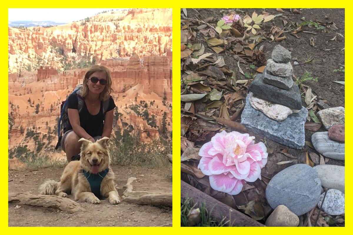 Author and her dog in Bryce Canyon National Park; a backyard cairn memorializes the author's hiking companion.