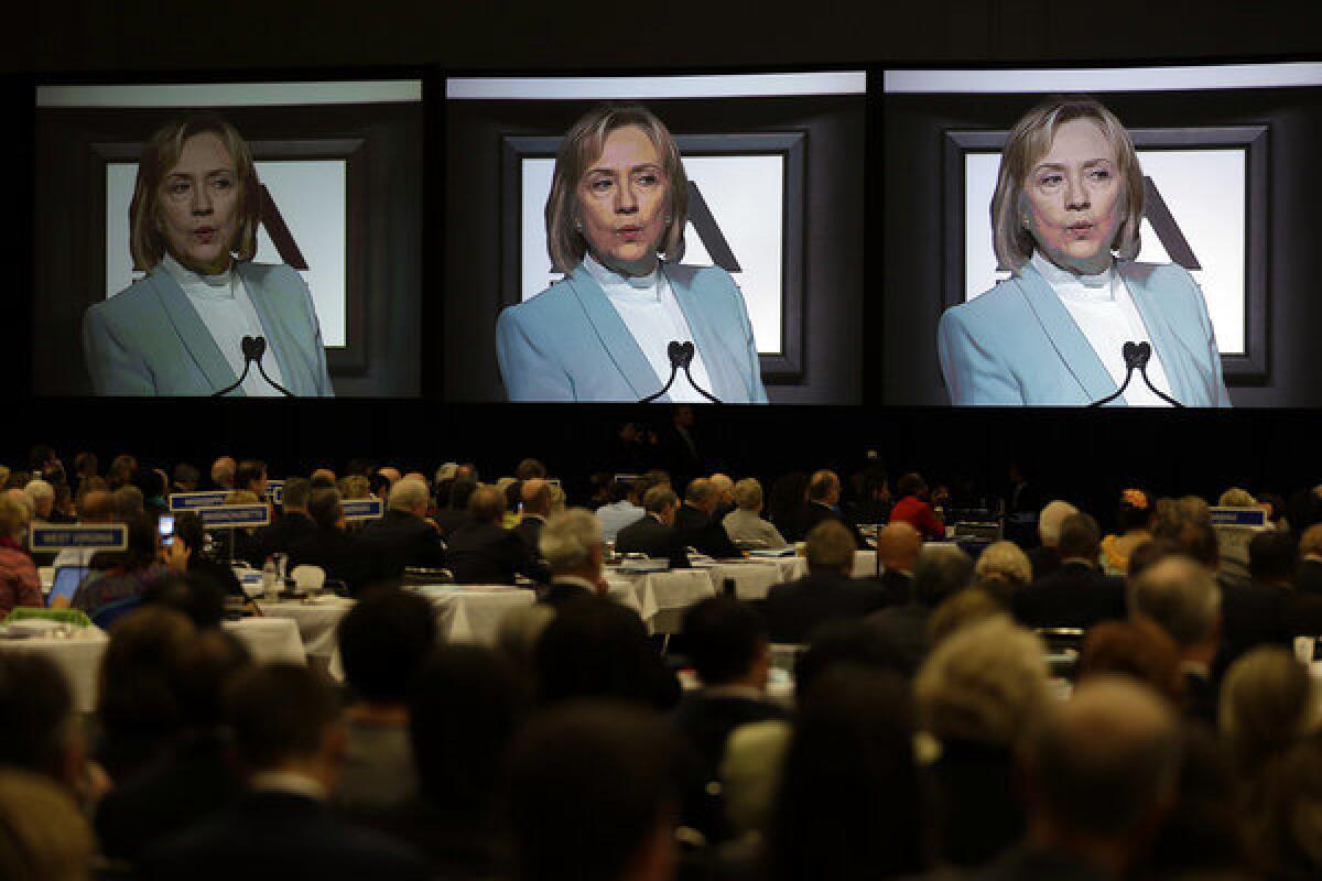 Delegates listen as former Secretary of State Hillary Clinton addresses the American Bar Assn. annual meeting in San Francisco.