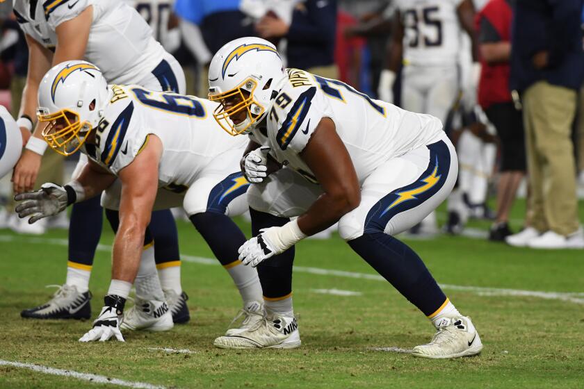 GLENDALE, ARIZONA - AUGUST 08: Trey Pipkins III #79 of the Los Angeles Chargers warms up prior to an NFL preseason game against the Arizona Cardinals at State Farm Stadium on August 08, 2019 in Glendale, Arizona. (Photo by Norm Hall/Getty Images)