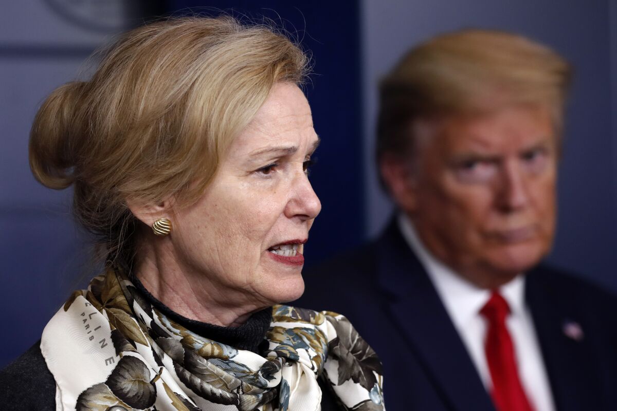 Dr. Deborah Birx at a news conference in April with President Trump