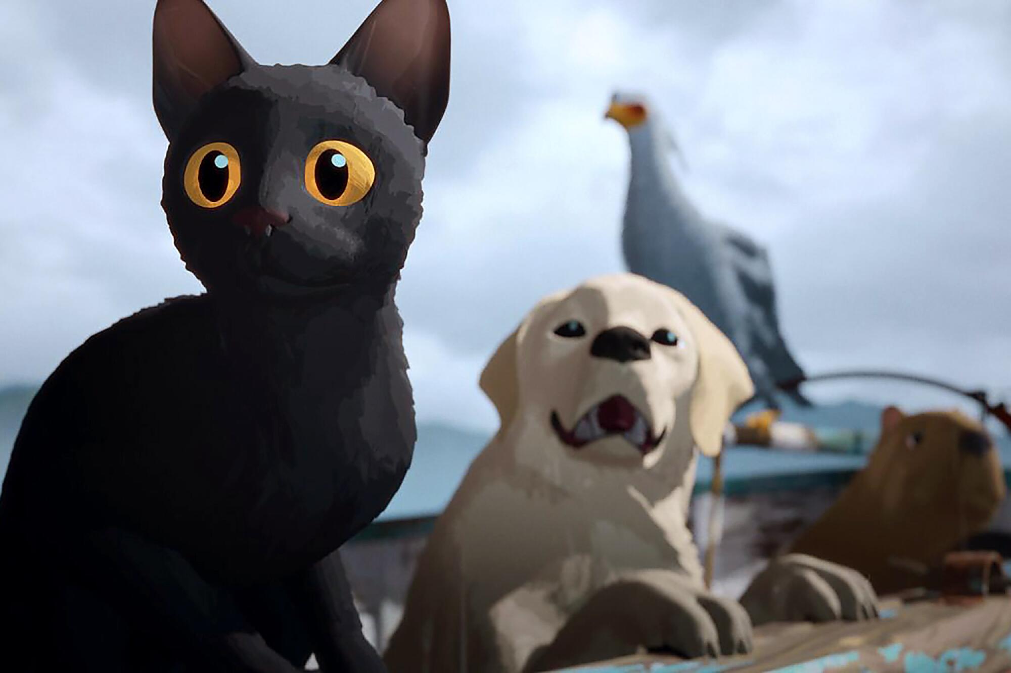 A black cat, a dog, a capybara and a large bird in a boat
