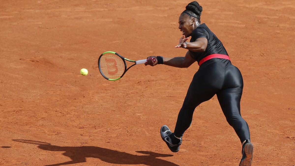 Serena Williams returns a shot against Kristyna Pliskova during the first round of the French Open on May 29.
