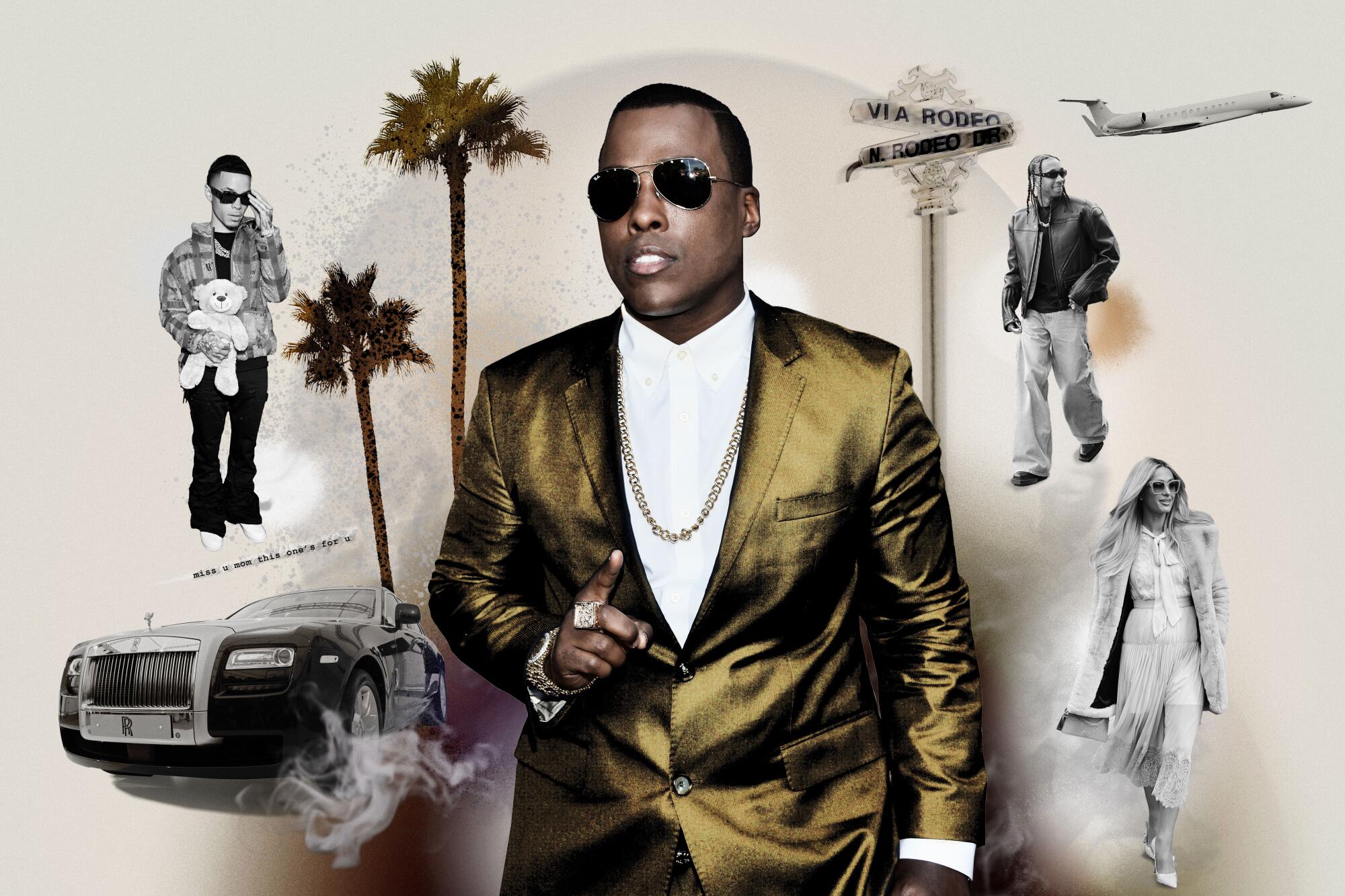 Photo illustration of Won-G Bruny with Lil Mosey, Tyga, Jeff Bezos, a jet, Rolls-Royce, palm trees, and Rodeo Drive sign.
