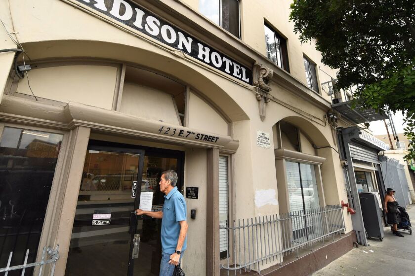LOS ANGELES, CALIFORNIA OCTOBER 3, 2017-The exterior of the Madison Hotel in Downtown Los Angeles. The AIDS Healthcare Foundation is buying buildings in Hollywood and Skid Row in an effort to provide apartments for the poor. (Wally Skalij/Los Angeles Times)