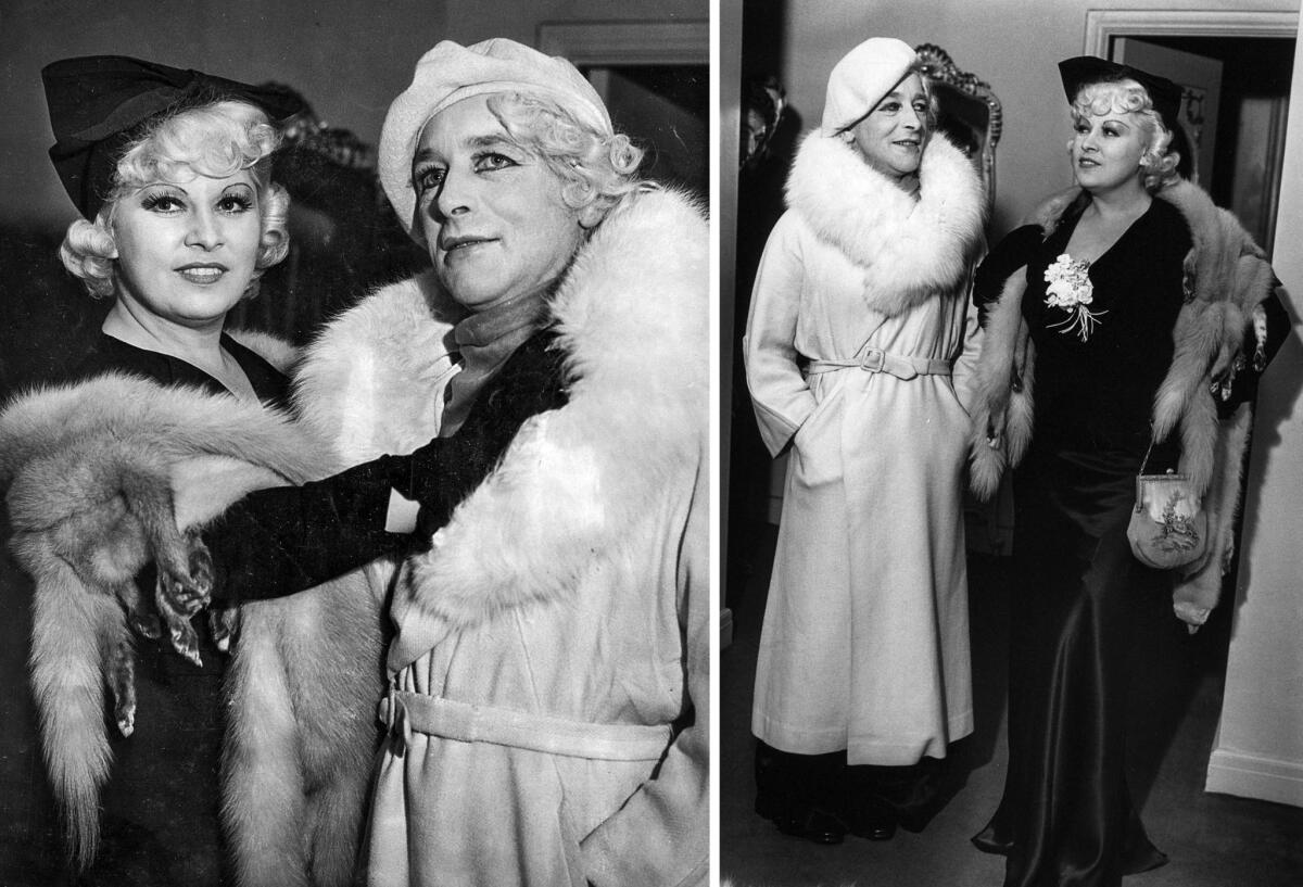 Oct. 7, 1935: Actress Mae West, in black dress, and Harry Dean, a district attorney's office investigator who impersonated West, pose for photographers after a suspect was detained in an extortion case.