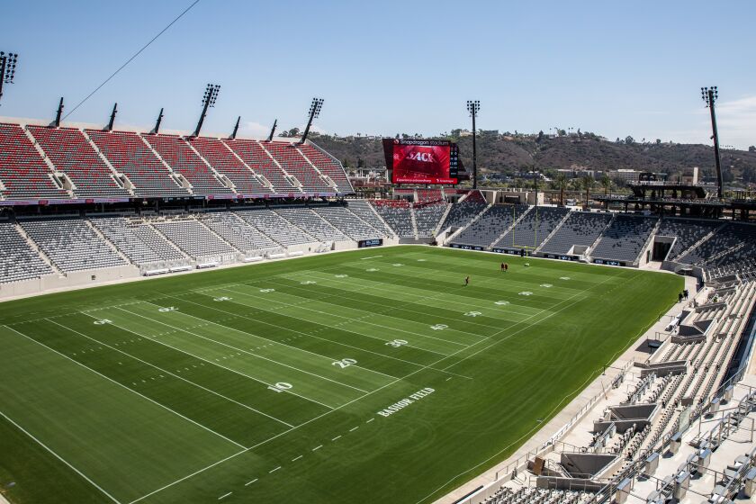 San Diego, CA - August 19: The field of the new Snapdragon Stadium at Mission Valley in San Diego, CA on Friday, Aug. 19, 2022. San Diego State University and local leaders gather to celebrate the completion of he stadium's construction. (Adriana Heldiz / The San Diego Union-Tribune)