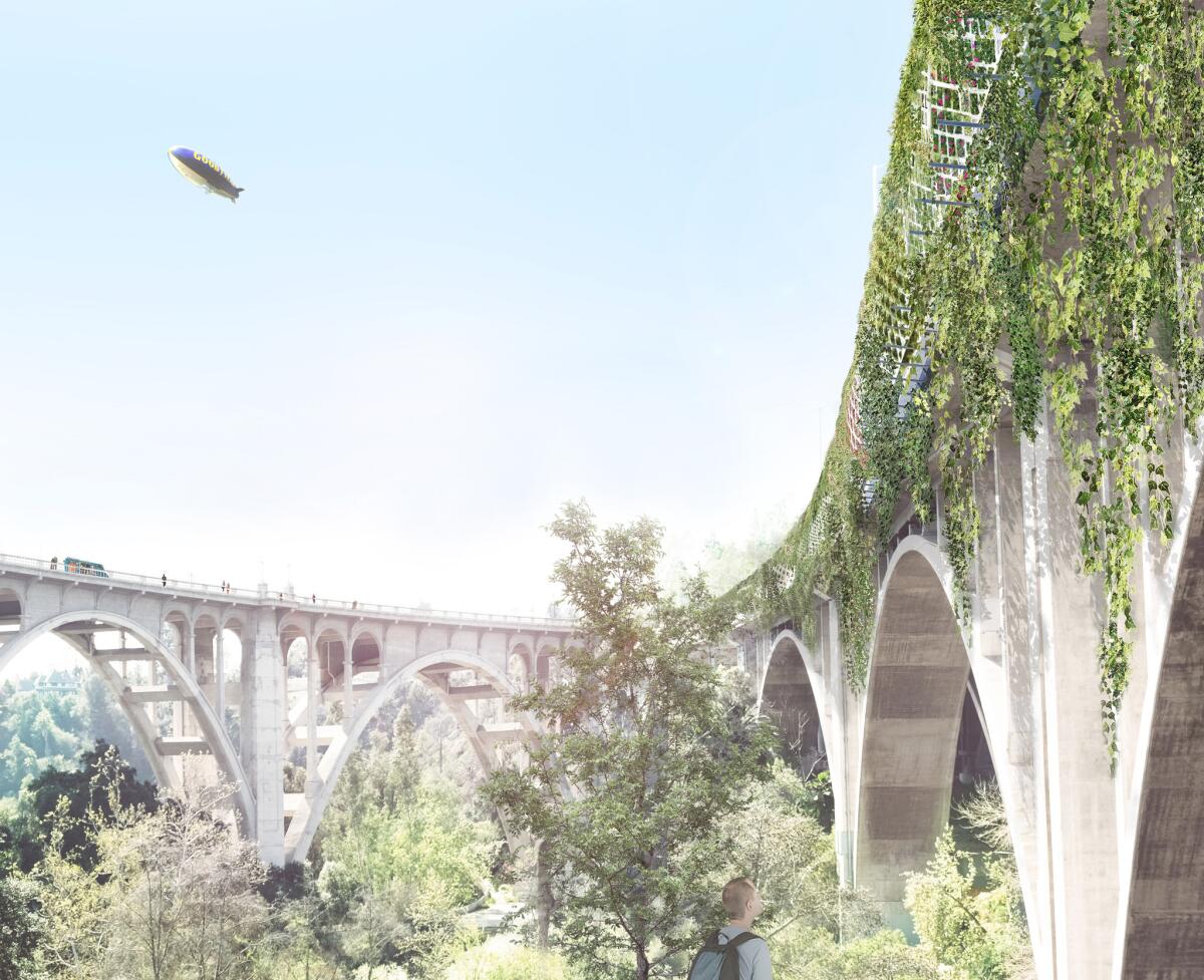 A rendering view from below of architect Michael Maltzan's plan to wrap the 134 Freeway as it crosses the Arroyo Seco in Pasadena with a tunnel-like form. (Michael Maltzan Architecture, Inc.)