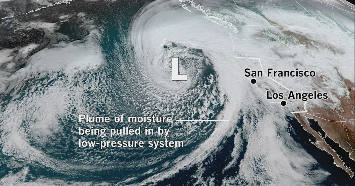 A satellite view of the atmospheric river bringing heavy rains to