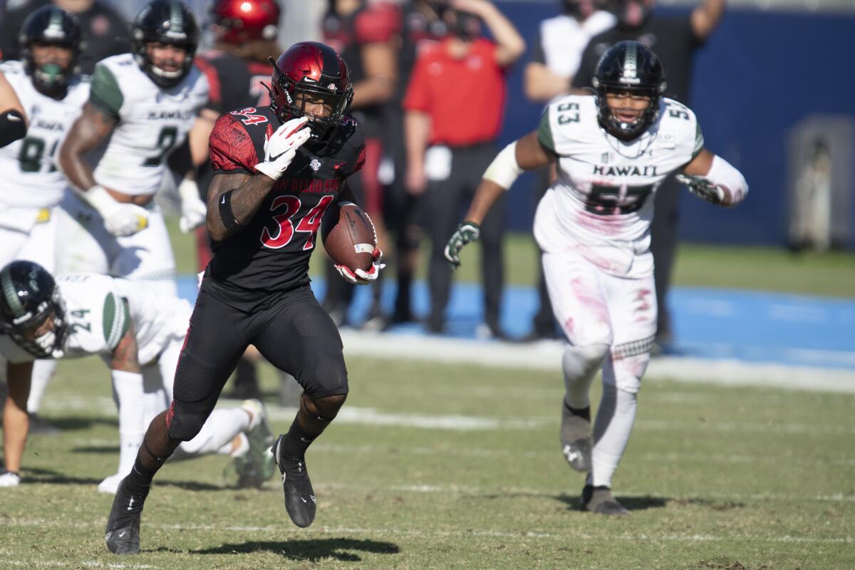 San Diego State running back Greg Bell sprints for a first-half touchdown against Hawaii on Nov. 14, 2020.