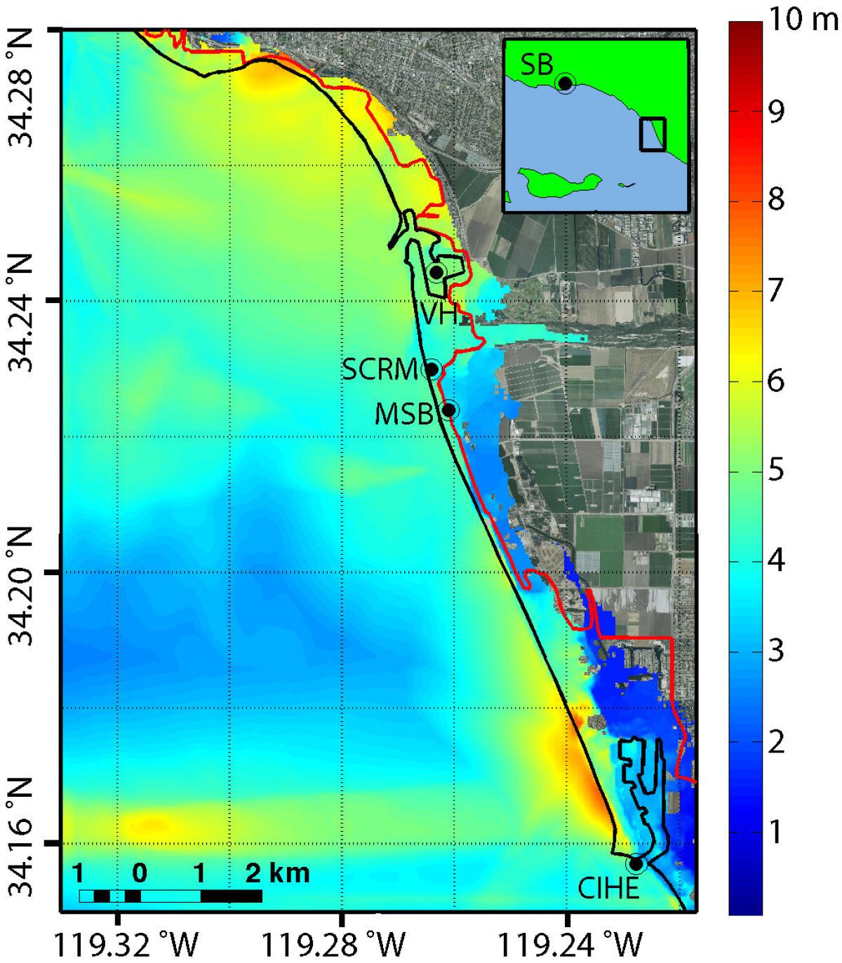 Map of tsunami heights in meters resulting from an earthquake on the Pitas Point and Lower Red Mountain fault system near Ventura, Calif. The solid black line indicates the coastline. The solid red line is the statewide tsunami inundation map coordinated by the California Emergency Management Agency. Key: SB = Santa Barbara; VH = Ventura Harbor; SCRM = Santa Clara River Mouth; MSB = McGrath State Beach; CIHE = Channel Islands Harbor Entrance. Note that inundation from the model is significantly greater in many places than the statewide estimate.