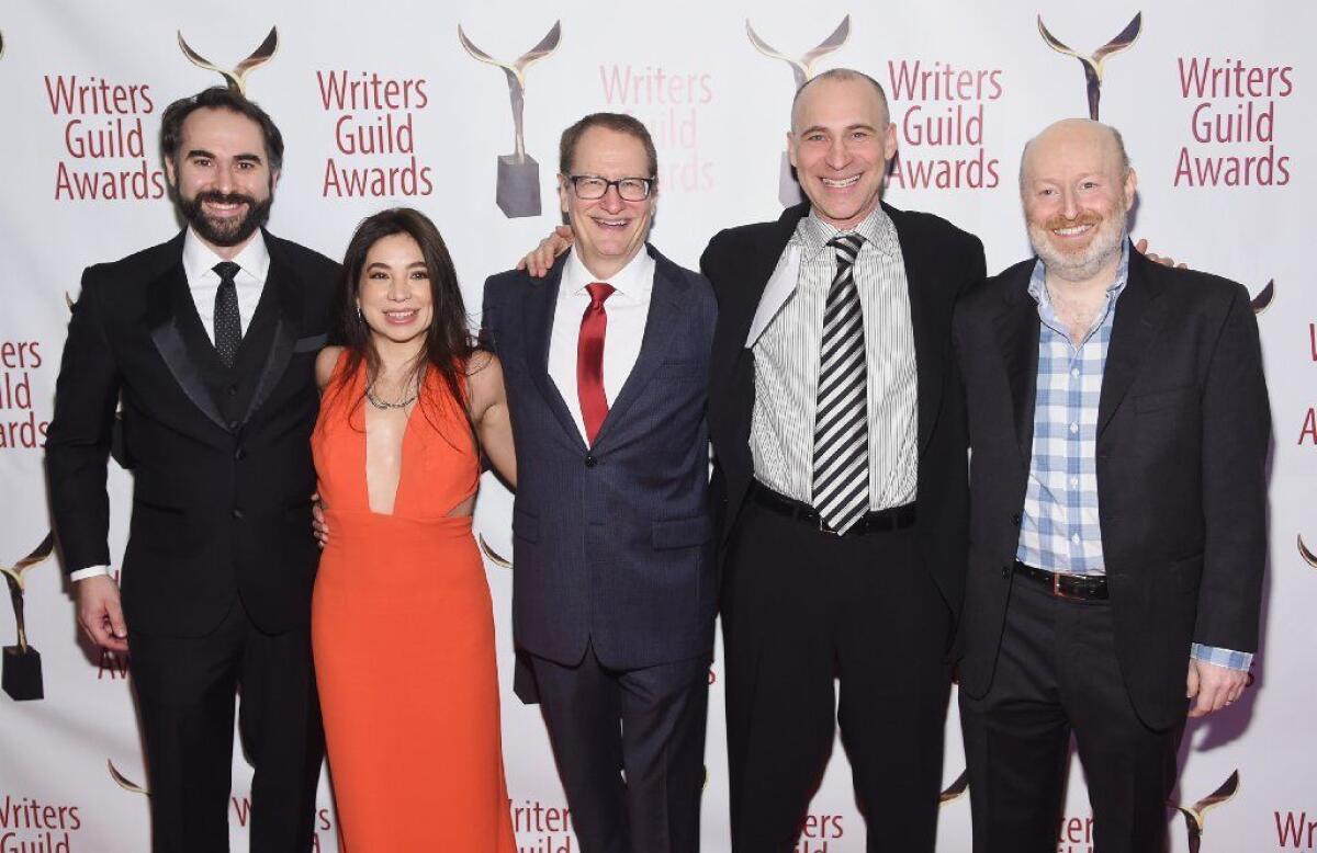Justin Weinberger, Hilary Bettis, Stephen Schiff, Joel Fields and Joe Weisberg attend the 71st Annual Writers Guild Awards New York ceremony at Edison Ballroom Sunday in New York City.