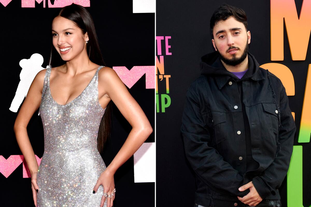 Separate photos of Olivia Rodrigo in a silver gown and a bearded DJ Zack Bia in a dark casual outfit