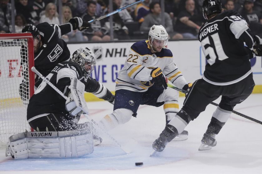 LOS ANGELES, CA, THURSDAY, OCTOBER 17, 2019 - Los Angeles Kings goaltender Jack Campbell (36) turns away the shot of Buffalo Sabres left wing Johan Larsson (22) during second period action at Staples Center. (Robert Gauthier/Los Angeles Times)