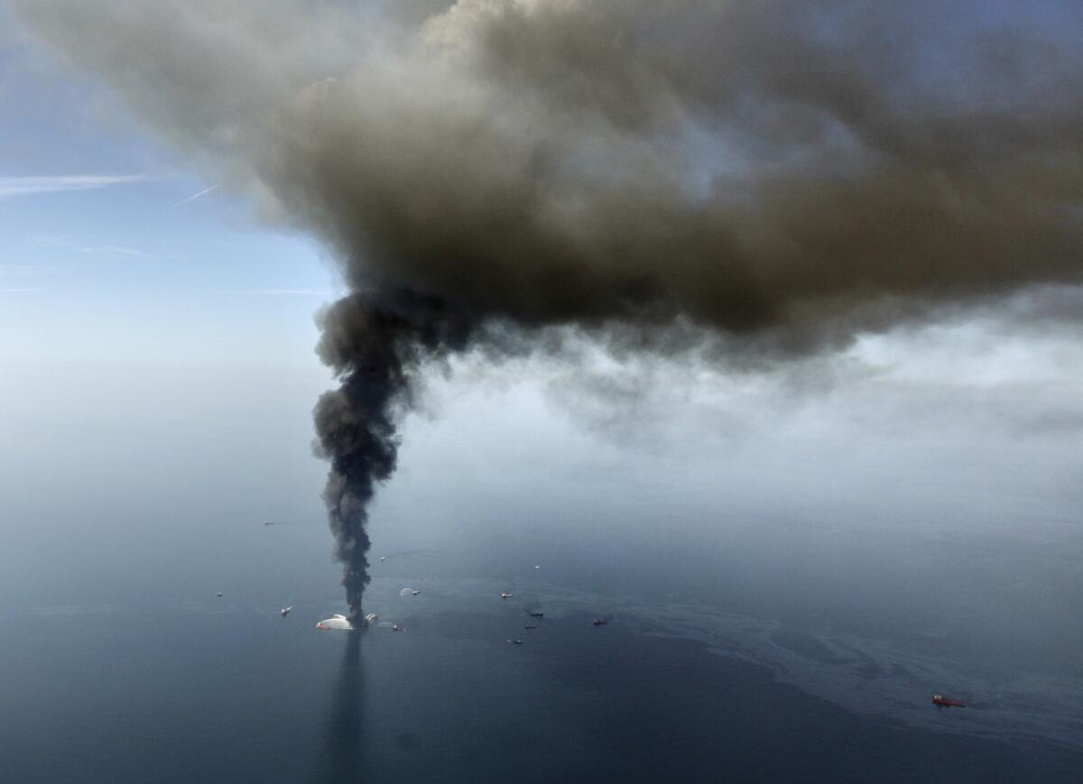 The Deepwater Horizon oil rig burns in the Gulf of Mexico on April 21, 2010.